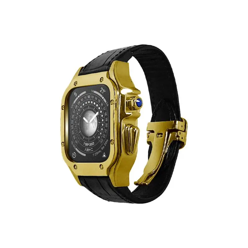 Montre de Luxe en Acier Inoxydable Plaqué Or group, Multicolore avec Bracelet en Cuir, Kit de Modification pour Étui Apple Watch