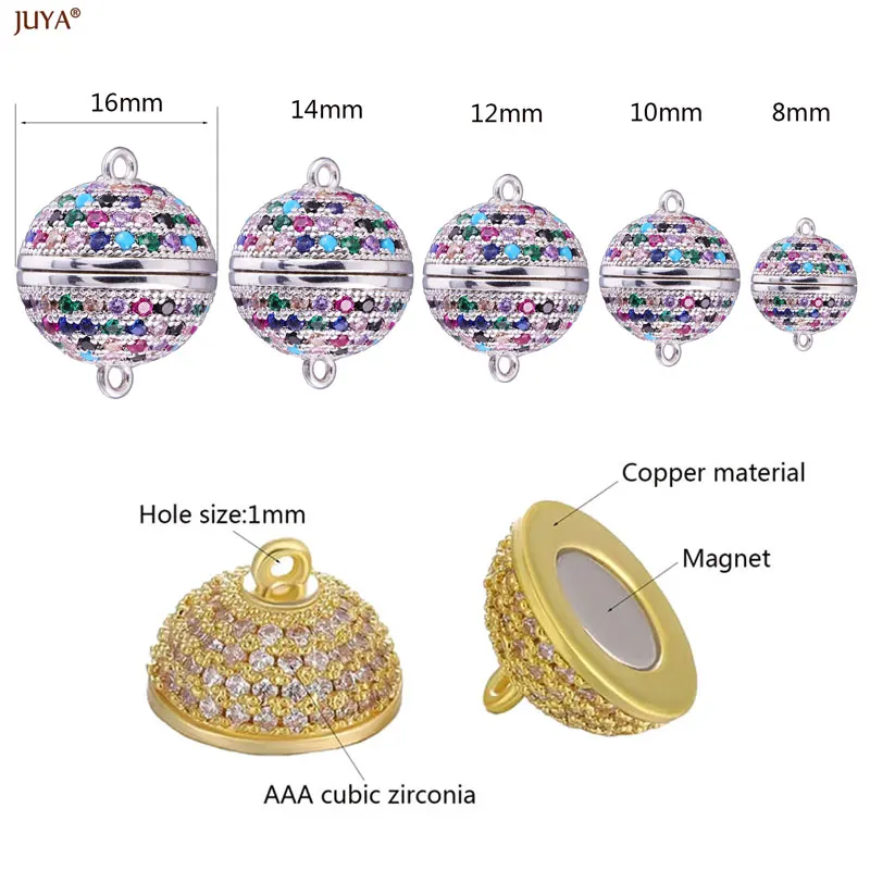 JUYA 3D Ball Magnetic Clasps Hooks 8/10/12/14/16mm Copper Zircon Connectors For DIY Fashion Jewelry Finding Supplies Accessories