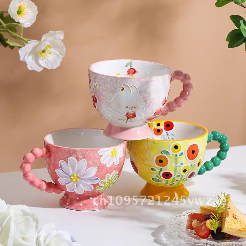 Hand-painted embossed ceramic mug cute household high-value water cup oatmeal breakfast cup with hand gift cup