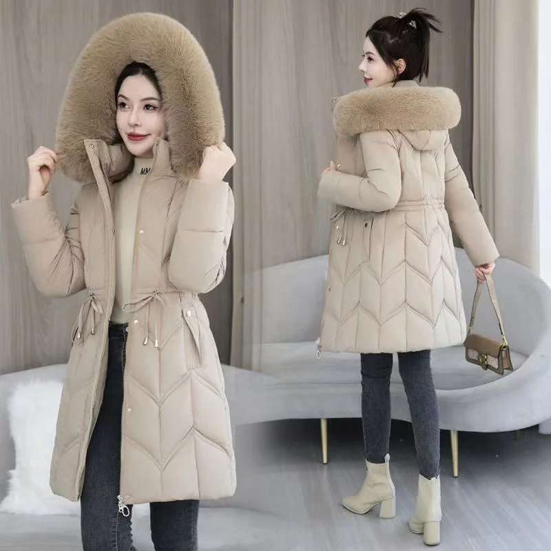 Chapeau détachable femmes hiver longue chaude veste rembourrée en coton Version coréenne de mince grand col de fourrure rembourré veste rembourrée en coton