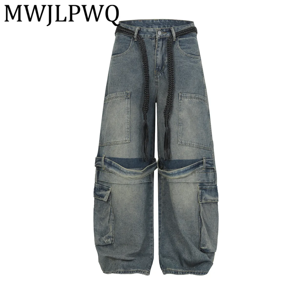 

MWJLPWQ Джинсы Machete в американском стиле на шнуровке, мужские свободные широкие длинные брюки с несколькими карманами 21950