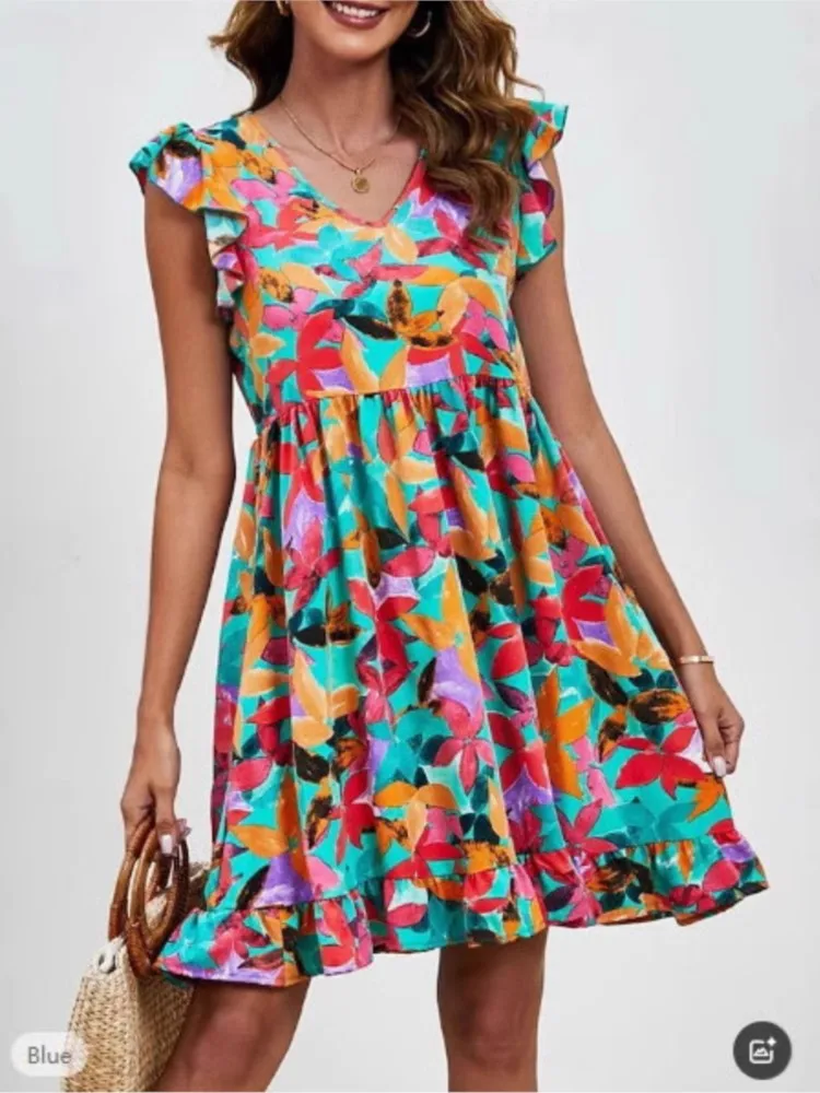 Abito estivo casual con stampa floreale Boho senza maniche con scollo a V Abito da donna con volant allentato femminile Mini abiti da donna Robe Femme