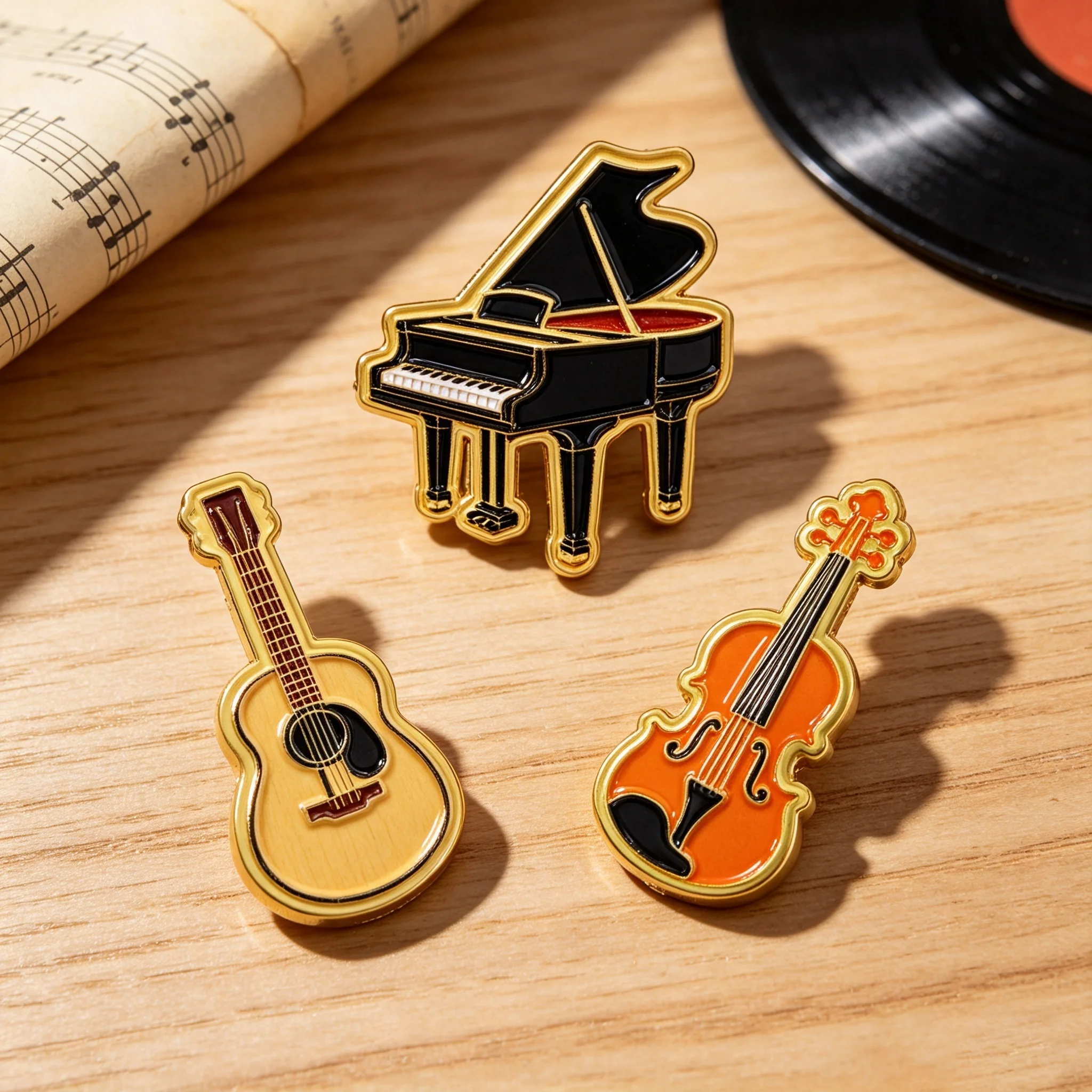 3-teiliges Emaille-Pin-Set mit Klavier, Gitarre und Violine, niedliche Musik-Brosche für Mantelkragen, Reversnadeln, Metallabzeichen, Schmuck, Geschenk für Freunde