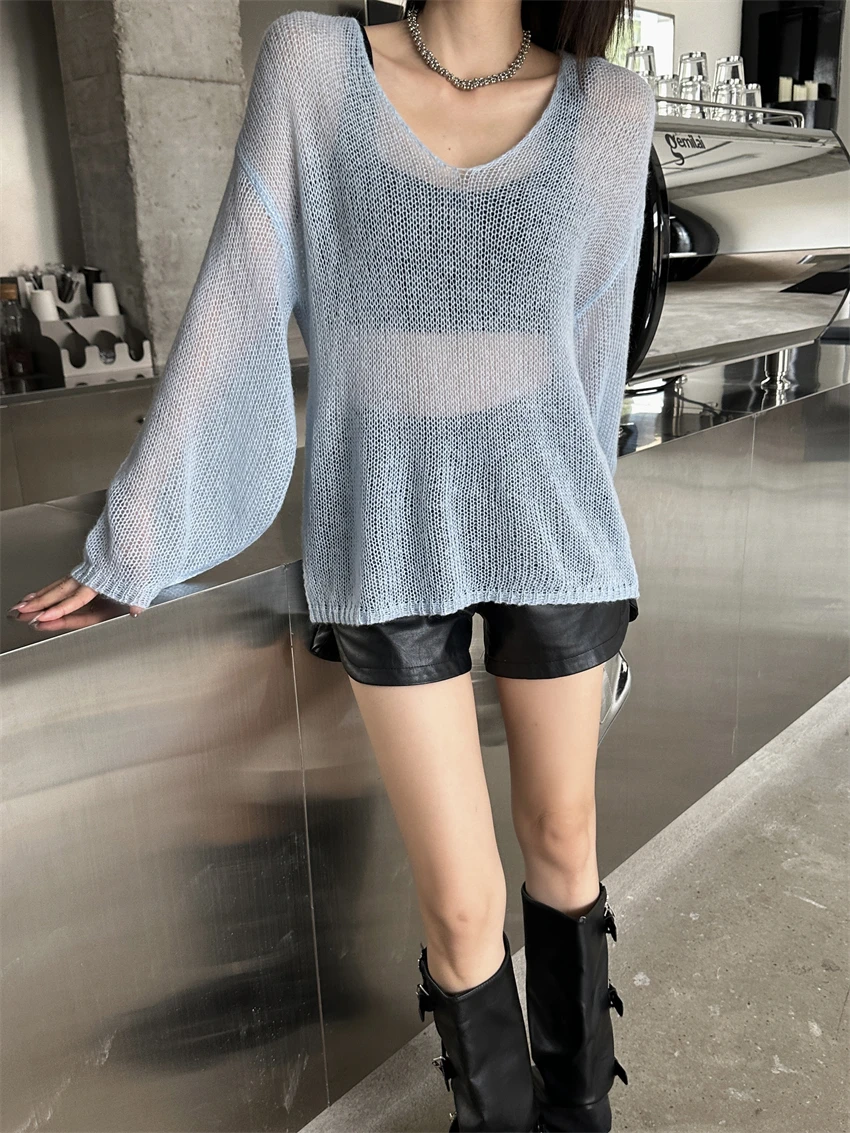 Wool Soft and Glutinous Mohair Spring and Autumn Top With V-neck Thin Style Slightly Transparent Lazy Sweater Knitted Sweater