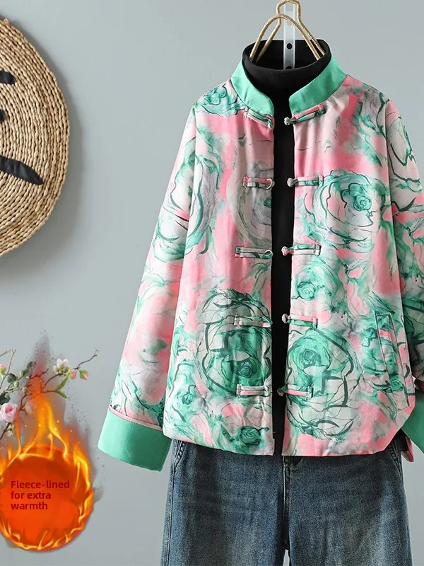 

New Chinese Sle Floral Print Cotton Jaet Women's Winter Thiened Padded Button up ort Coat Advanced Sensation