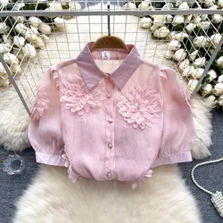 2025 New French Style 3D Floral Blouse Women Lapel Neck Short Sleeves Pearl Loose Top Fashion Hotsweet Sheer Chiffon Shirt