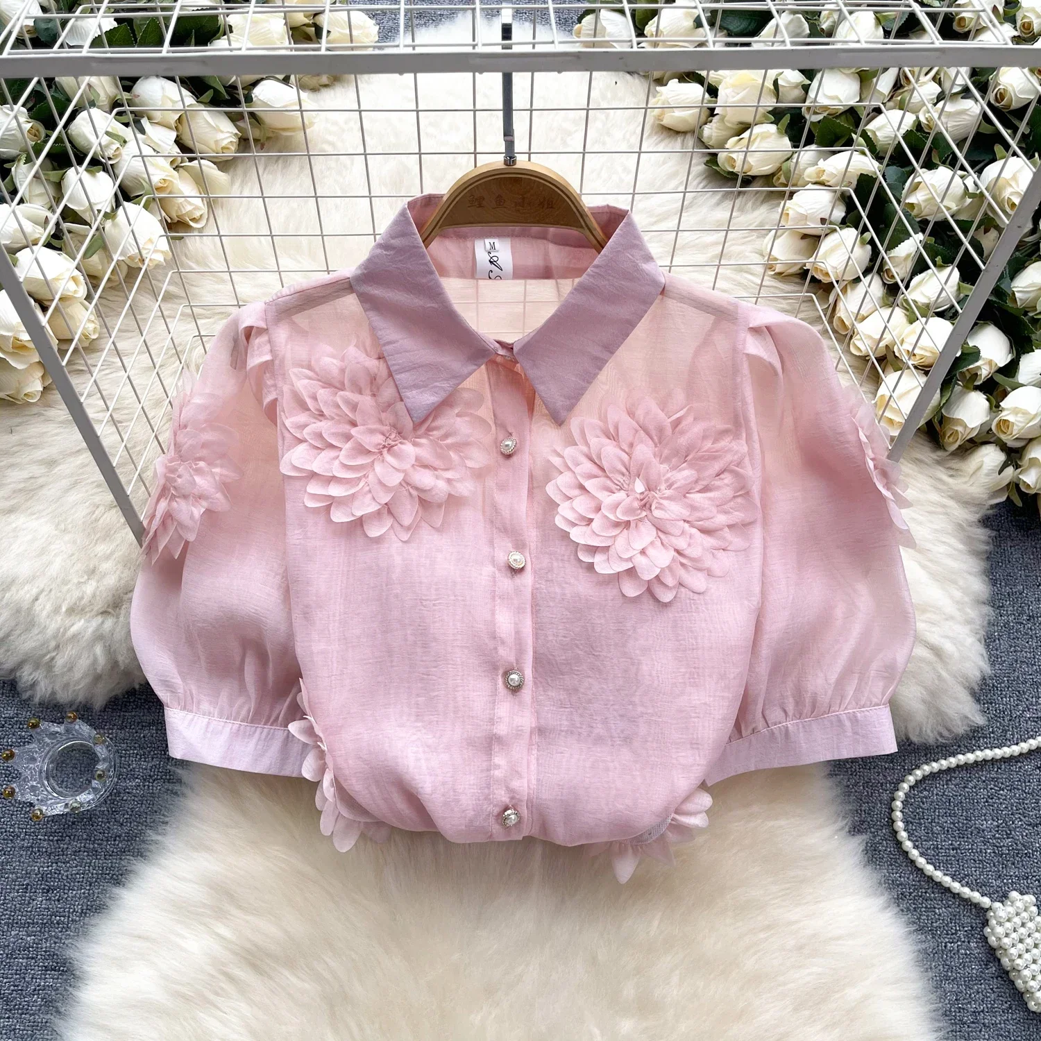 2025 New French Style 3D Floral Blouse Women Lapel Neck Short Sleeves Pearl Loose Top Fashion Hotsweet Sheer Chiffon Shirt