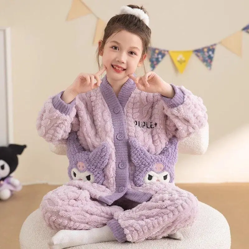 

Sanrio Kuromi Girl Children's Sleepwear Winter Thickened Velvet 2026 New Winter Clothing Warm Parent Child pajamas Home Clothing