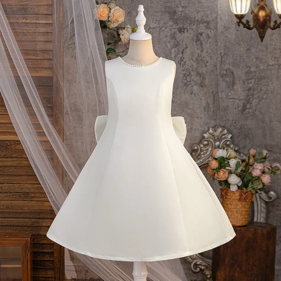 White Graduation Party Prom Girls Dress Backless Bow Wedding Bridesmaid Princess Dress for Kids Elegant Birthday Costume ASQ03