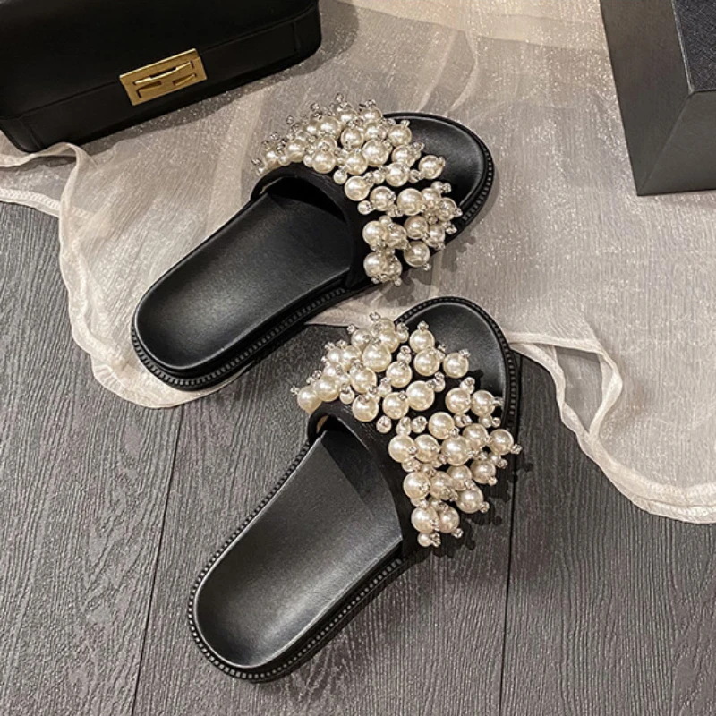 Pearl Rivets Thick Bottom Women Slippers Crystal Beading Flip Flops Lace Band Platform Sandalias Mujer Pearl Slides Big Size 43