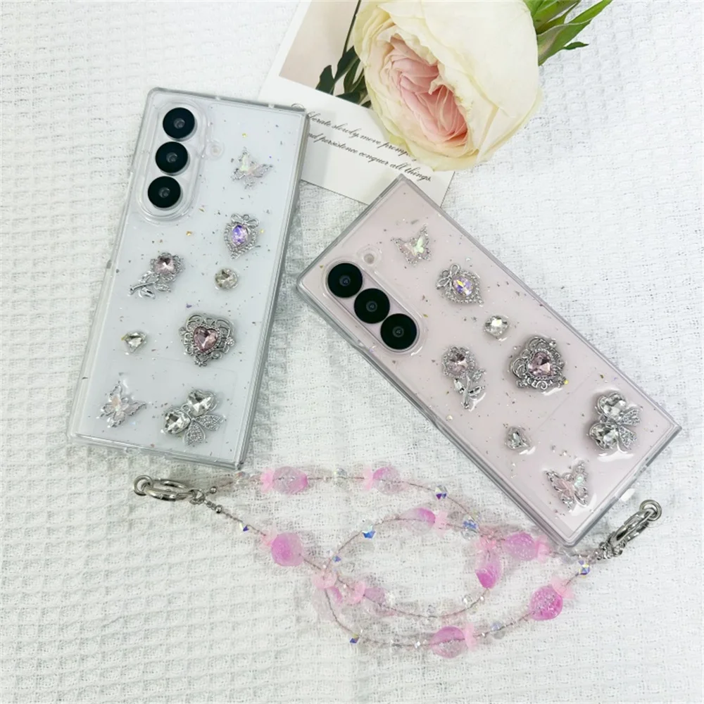 Elegant Dreamy 3D Heart Gem Butterfly Rhinestone Glitter Phone Case for Samsung Galaxy Z Fold 7-3 Pink Bead Wrist Strap Cover