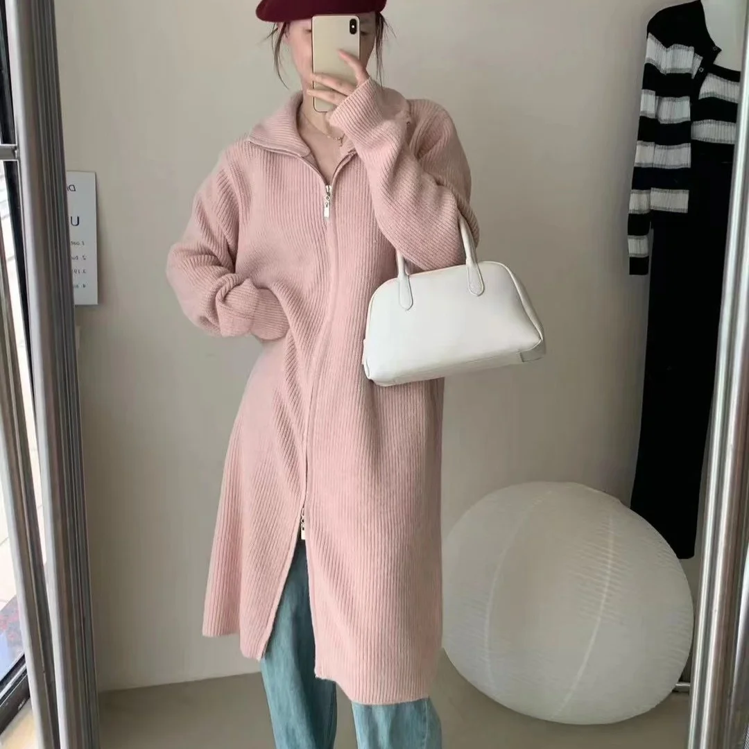 

2024 Stand Up Collar Zipper Long Knitted Sweater Jacket For Women's Autumn And Winter New Loose And Fashionable Sweater Skirt