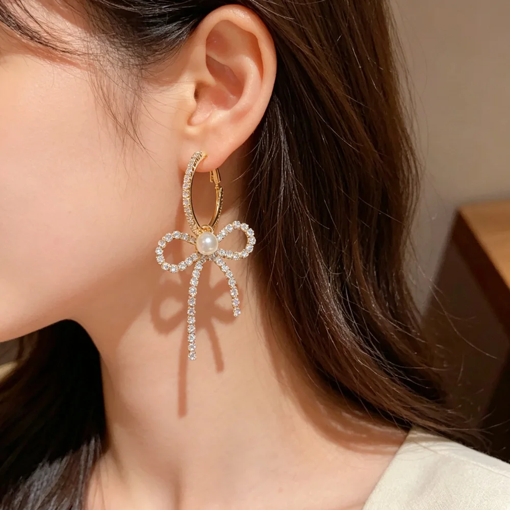Personality exaggerated full zirconium big bow earrings femininity fashion light luxury super flash ear buckle
