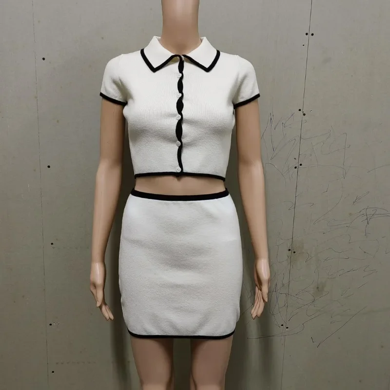 

Women Fashion Knitted 2 Piece Set Polo-Neck Short Sleeve Button-Up Short Sleeve Crop Tops + Bodycon Mini Skirts