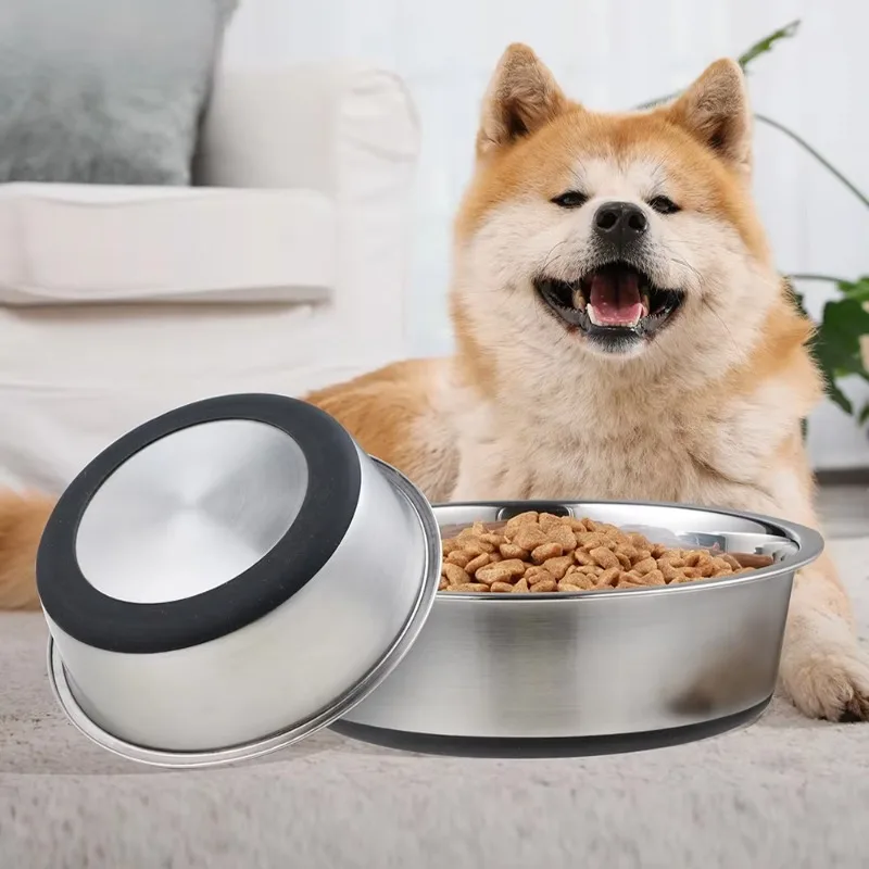 Wholesale Outdoor Large Capacity Pet Bowl Eco-Friendly Anti-Slip Stainless Steel Rust Resistant Dog Bowl with Silicone Bottom