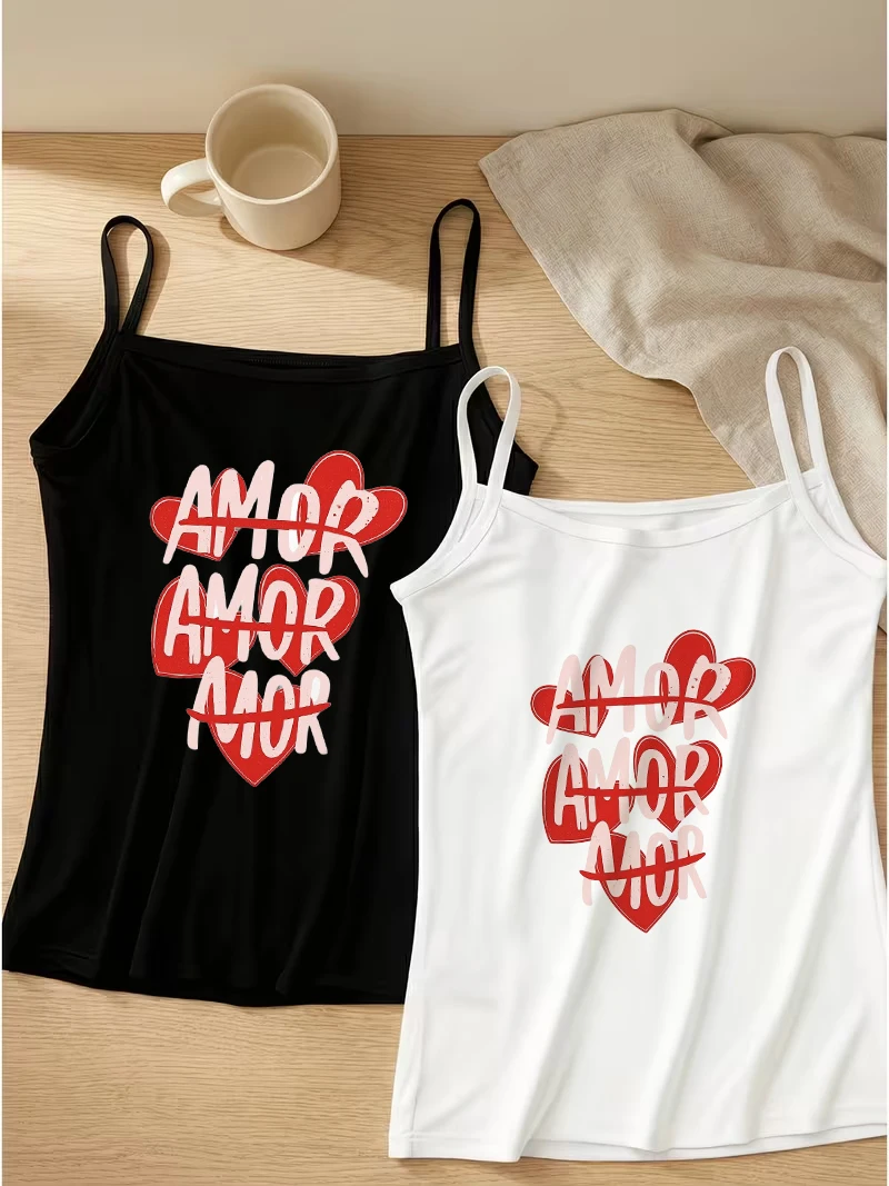 Amor Love Heart Camisole Tops Set Valentine Red Black White Graphic Sleepwear Club Wear Streetwear Beach Vest Shirt