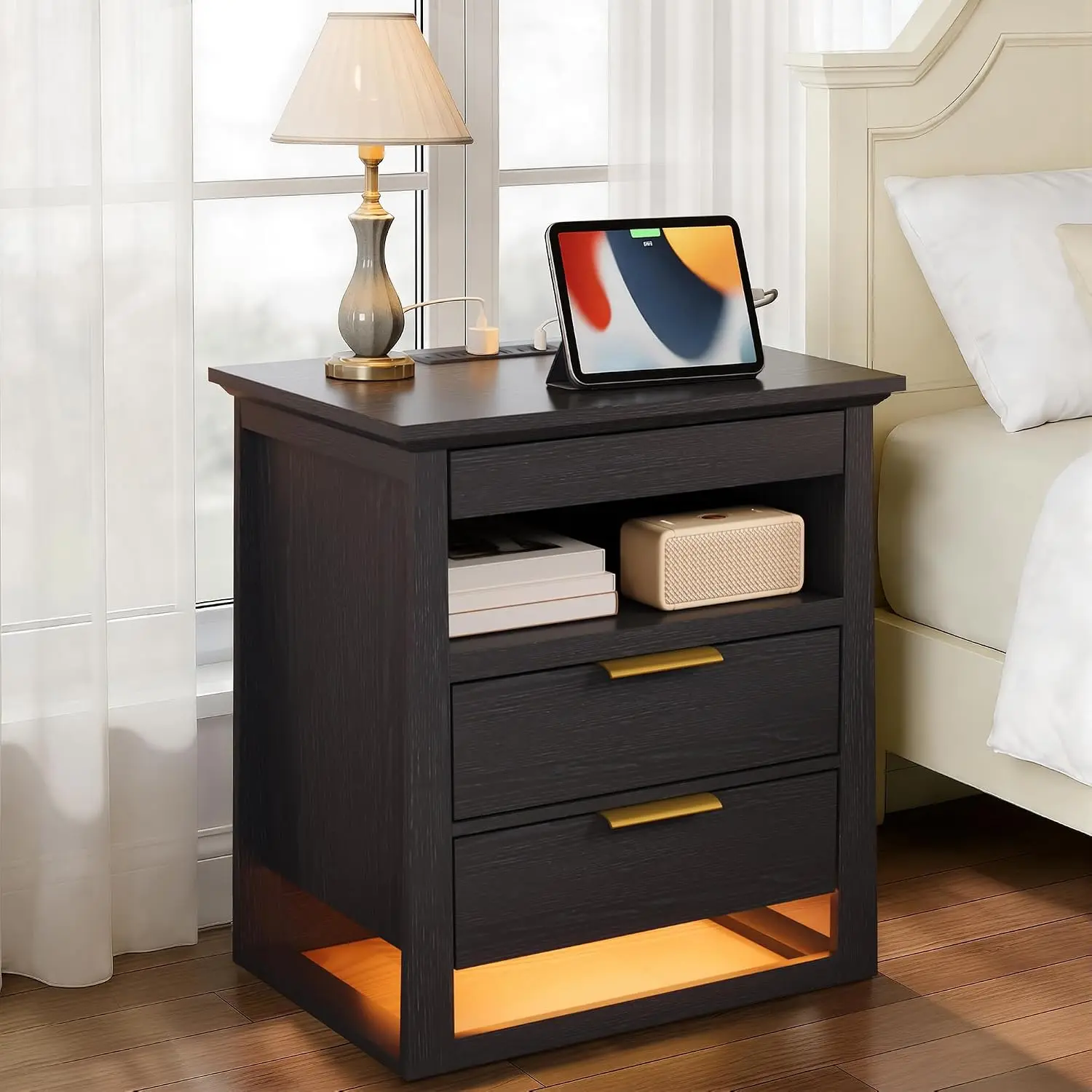 3 Drawer Nightstand with Charging Station & LED Lights & Open Shelf, Modern Night Stand with Storage, Wooden, Customized