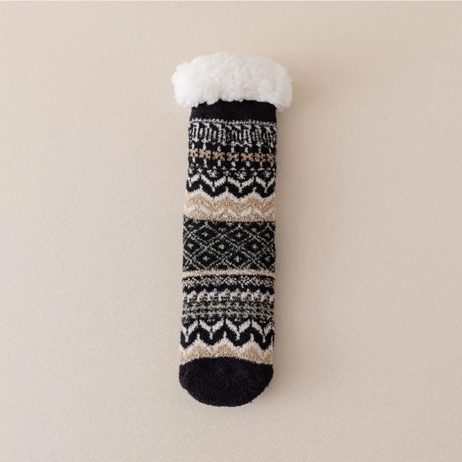 Bodensocken aus Lammwolle, Herbst und Winter, Fleece, verdickt, warm, rutschfest, Silikon, Heimsocken, Röhrensocken im Ethno-Stil – Detail 10
