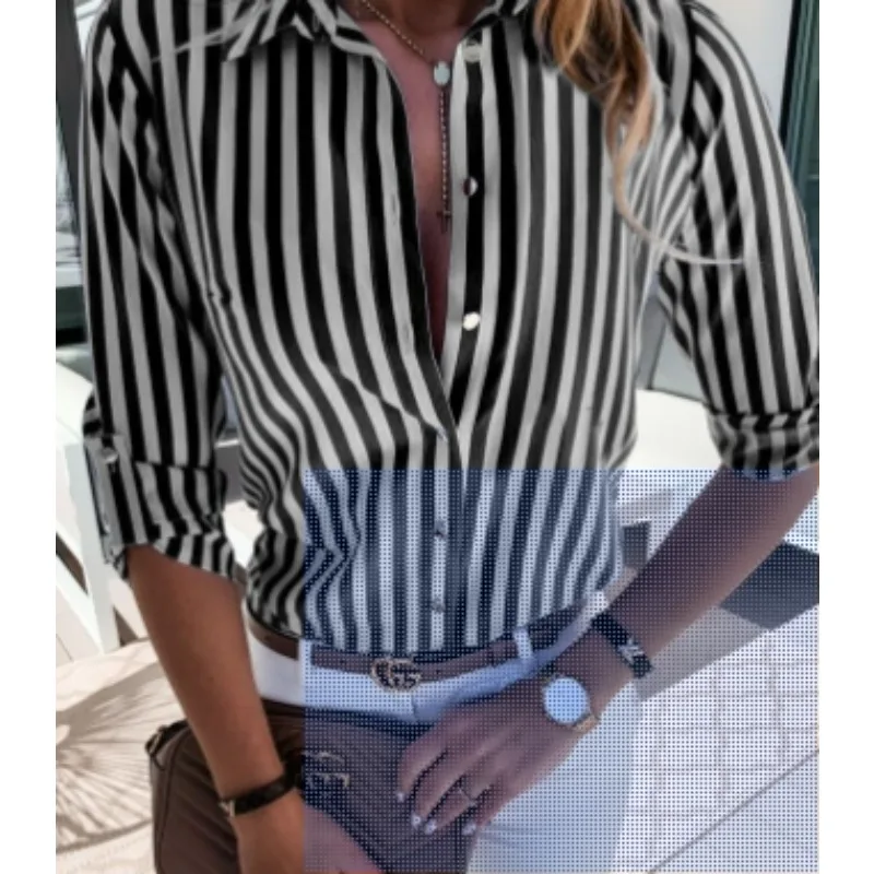 The unique design of the new autumn Wanxiu button stripe print showcases individual charm in women\'s shirts and clothing