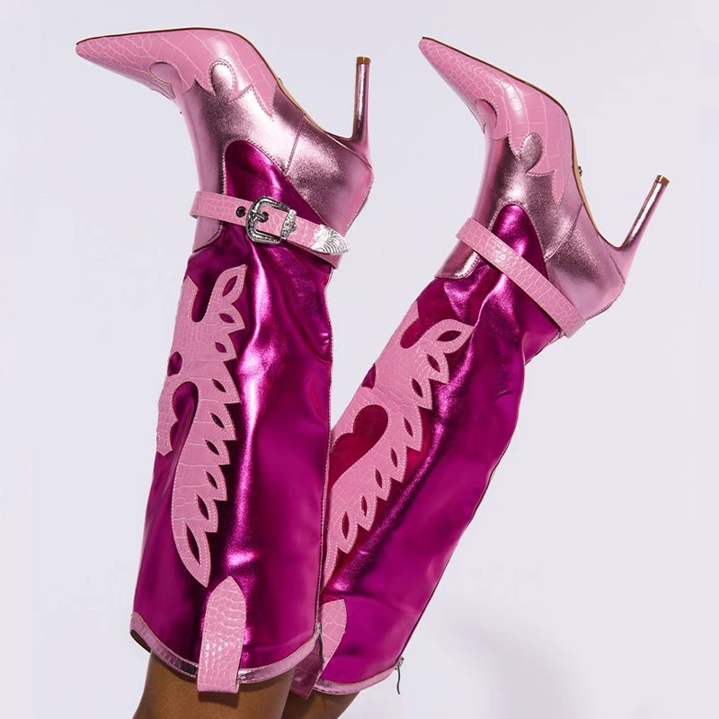 

Pink Patchwork Western Style Pointy toe Long Boots Women High Thin Heels Cowboy Stiletto Shoes Cowboy Knee High Booties