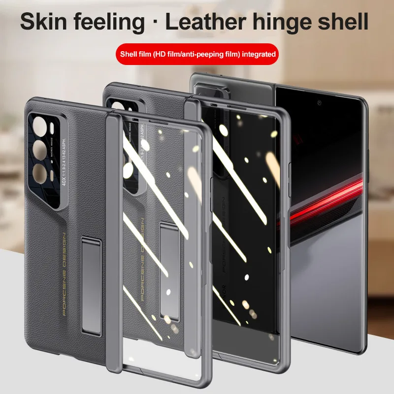 Skin Feel Leather Case For Honor Magic V2 RSR Porsche Design Bracket Hinge With Tempered Film Shockproof Fall Protection Cover