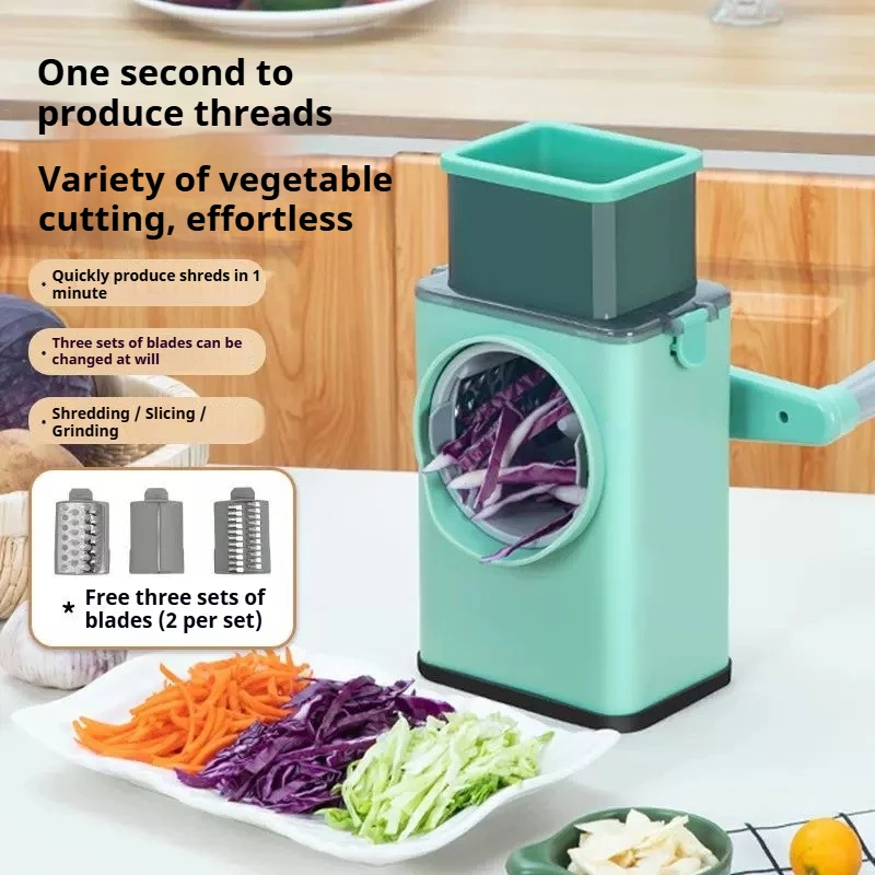 New Arrival Hand Cranked Kitchen Cutter Roller Stainless Steel 3 Blades Slicing Shredding Chopping Multipurpose Kitchen Tool