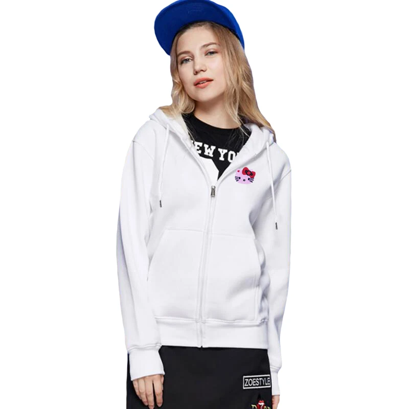 

Women Zipper Hoodie Cartoon Cute Pink Cat Embroidery Cotton Pocket Fleece Autumn Winter Straight Solid Sweater