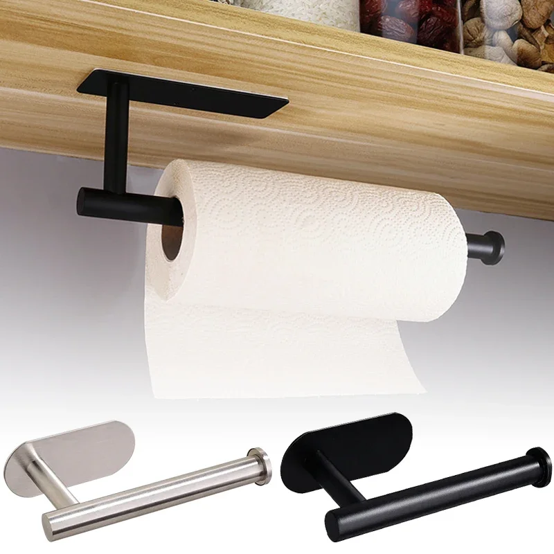 Wall-mounted Toilet Paper Towel Holder Self Adhesive Cabinet Organizer Rack Kitchen Storage Hook Stainless Steel Wall Shelf