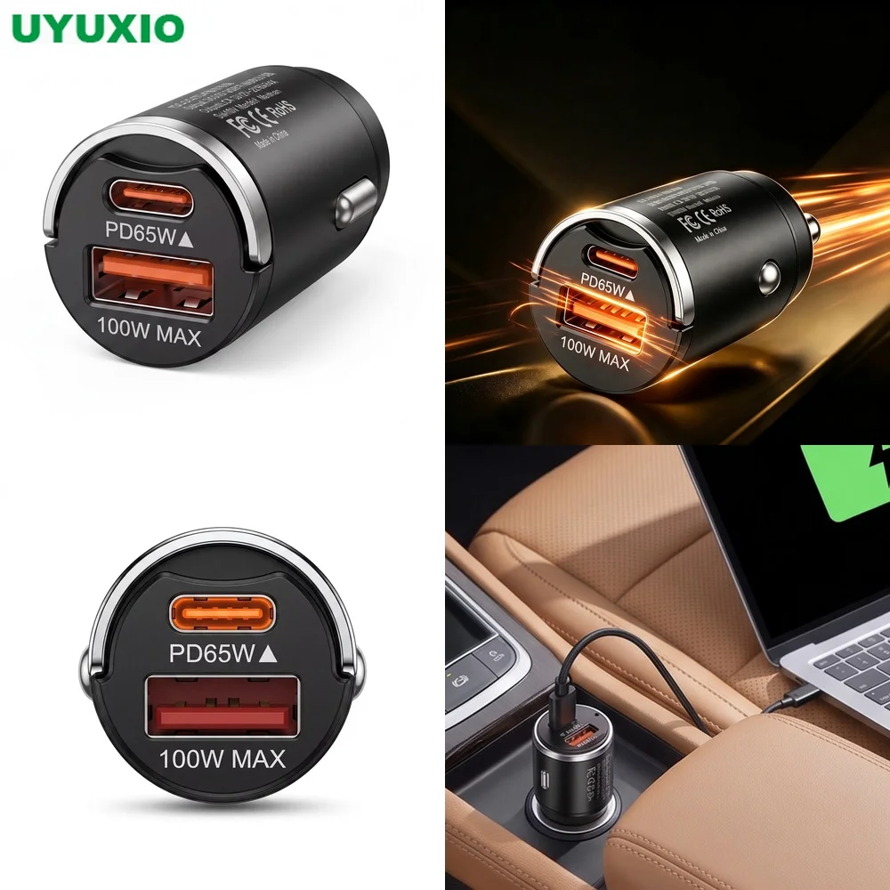 165W Zinc Alloy Car Charger with PD 65W Type C and 100W USB A Ports Ultra Compact Flush Mount Design for Multiple Mobile Devices