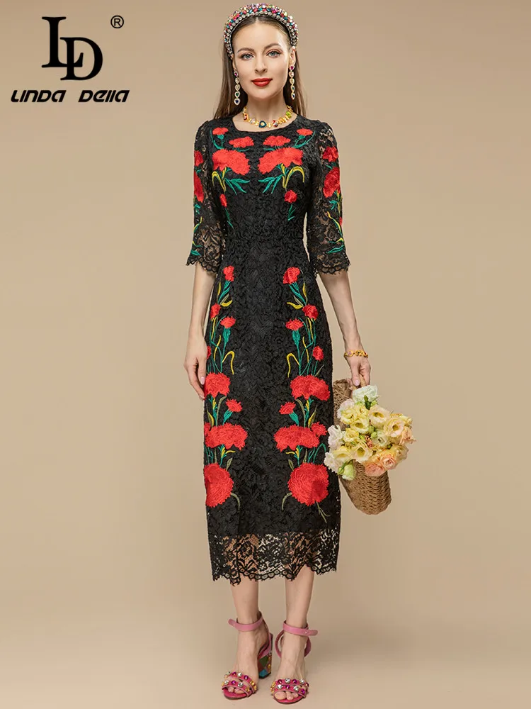 LD LINDA DELLA Runway Designer Summer Party Dress Women's Half sleeve Hollow out Flower Embroidery Black Vintage Party Dress