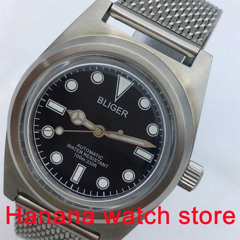BLIGER 38mm caja esmerilada cúpula AR vidrio recubierto Vintage esfera luminosa negra 24 gemas NH35A PT5000 reloj mecánico automático para hombre