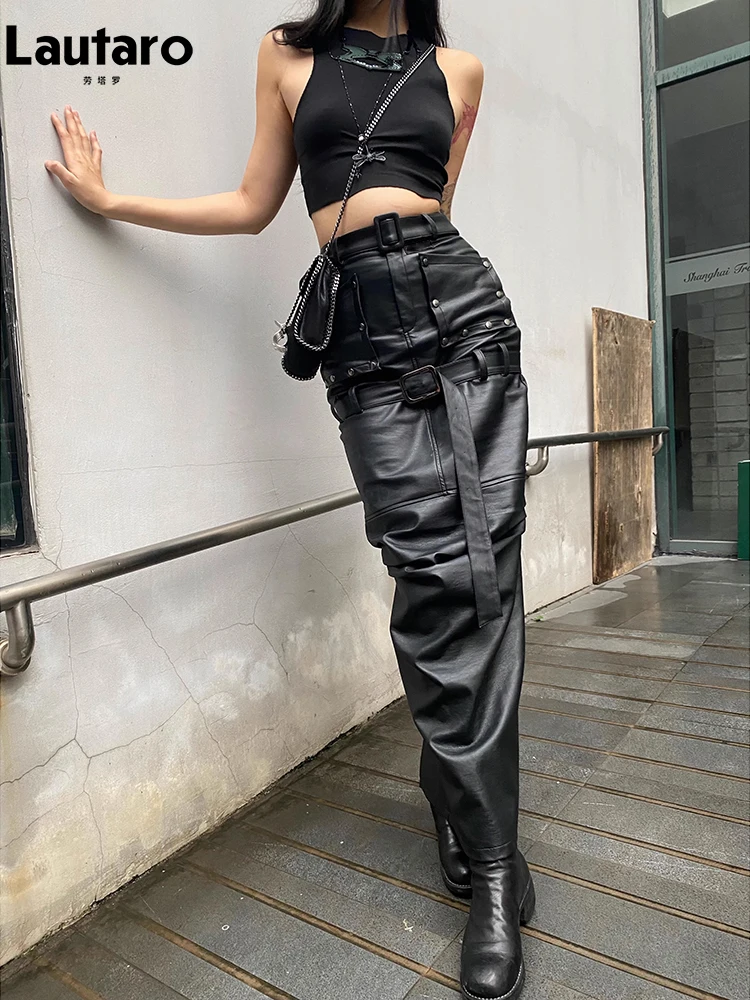 Lautaro Spring Autumn Cool Black Pu Leather Maxi Skirt Women with Back Slit Belt High Waist Long Luxury Designer Clothes 2023