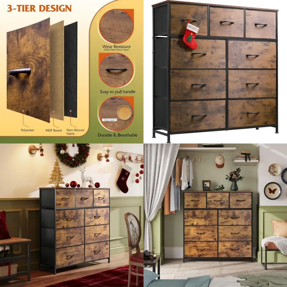 

Деревянный комод в деревенском стиле с 9 ящиками, тканевыми корзинами, деревянной столешницей и стальным каркасом для спальни, прихожей и хранения вещей в шкафу