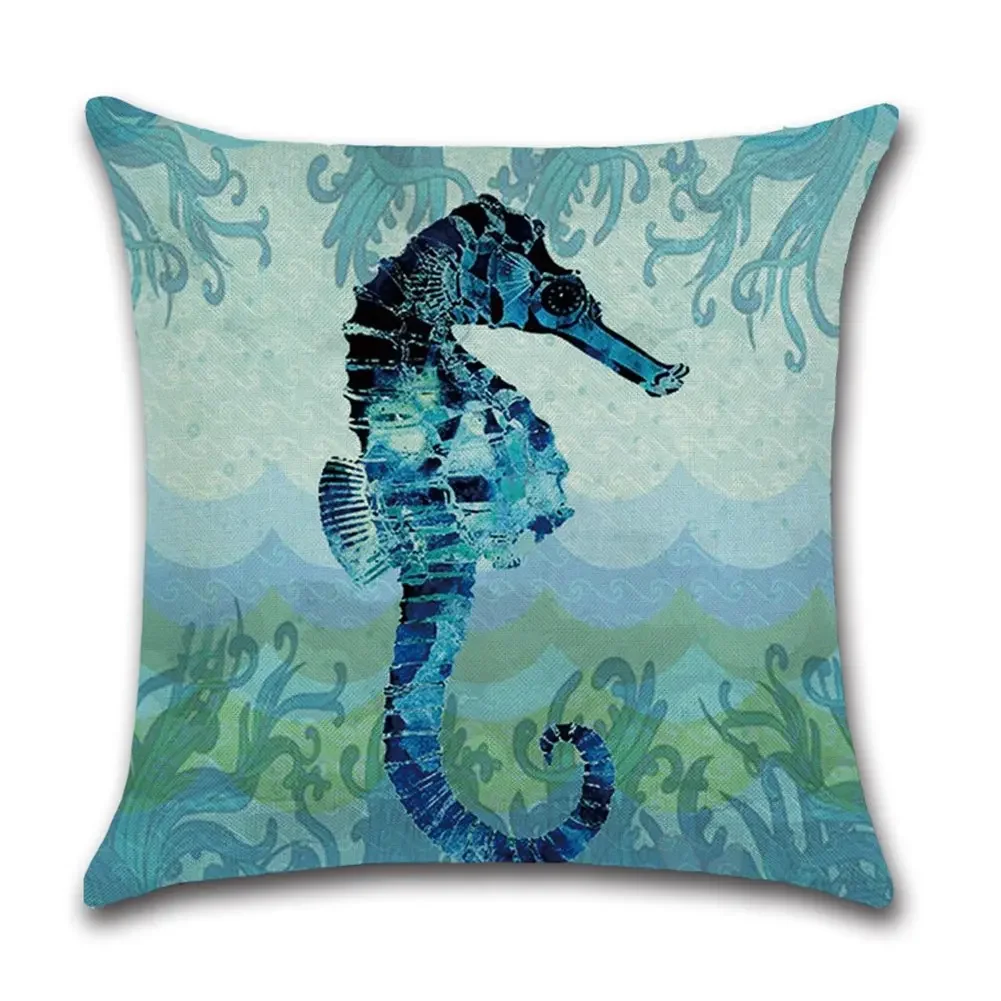 Blue jellyfish seahorse sea turtle sea star linen pillowcase sofa cushion cover home decoration can be customized for you 40x40