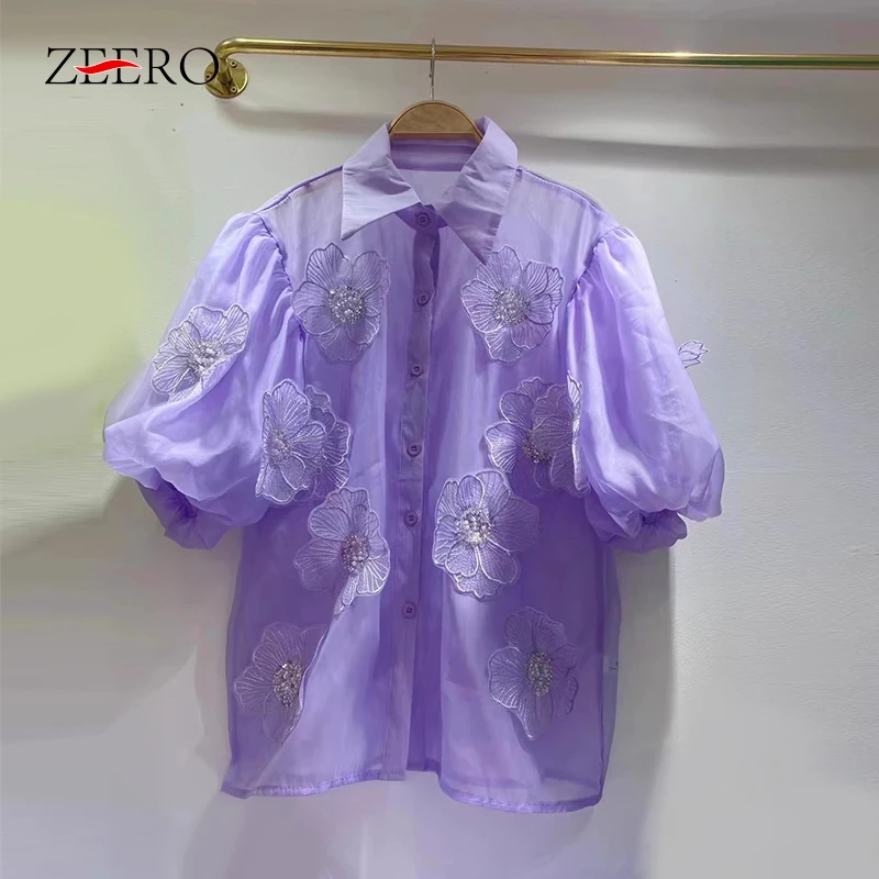 

Women Summer Appliques Flowers Sequins Shirts Female Black Lantern Sleeve Beading Blouses See Through Versatile Y2k Top Blusas