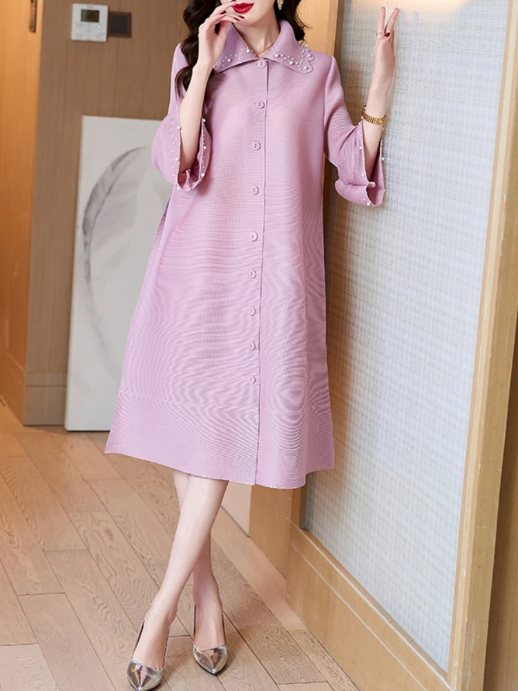 High-end Miyake Pleated Beading Loose Dresses for Women 2023 New Spring/Autumn Elegant Solid Color Single-breasted Lady Dress