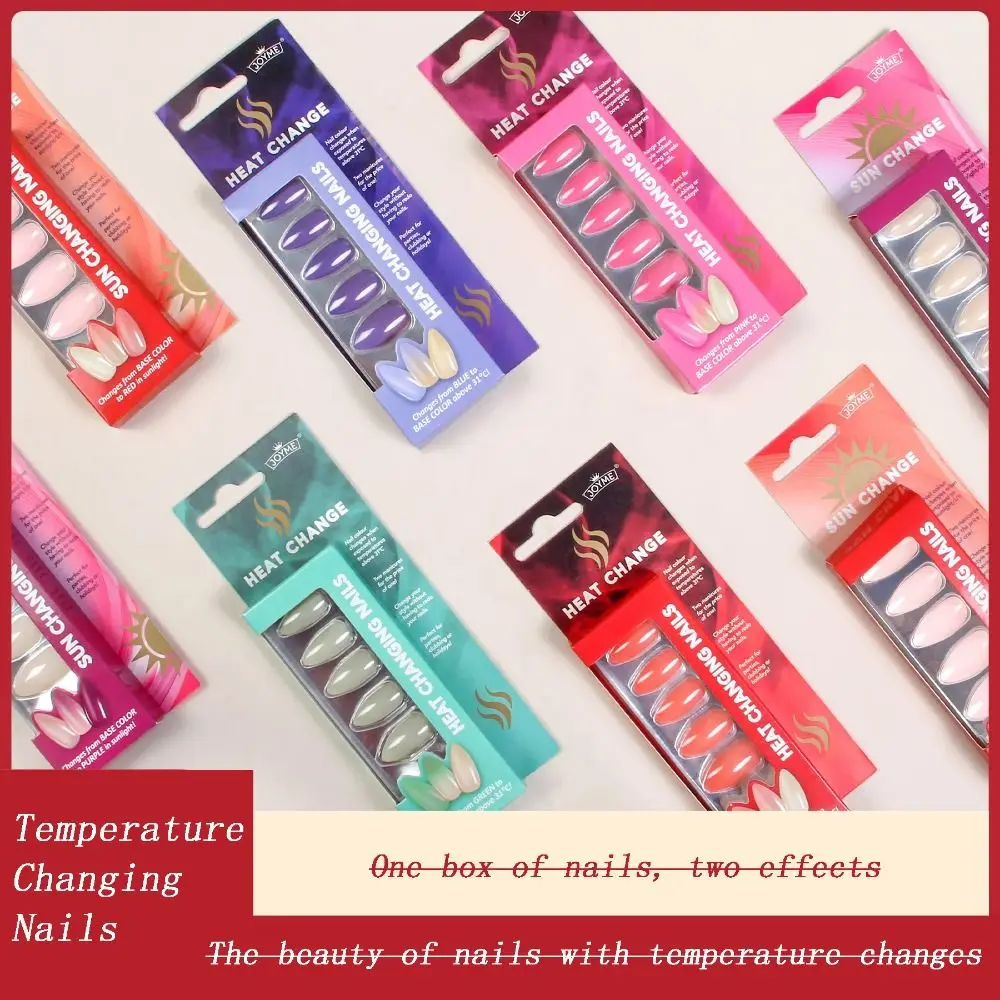 Novel UV Light Changes Color Press on Nails Temperature Change Color Nude Color Fake Nail Tips Almond Nails Wear Armor Daily