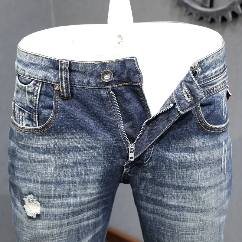 Fashion Designer Men Jeans High Quality Retro Washed Blue Stretch Slim Fit Ripped Jeans Men Vintage Casual Denim Pants Hombre