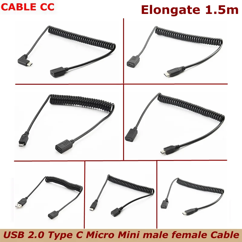 150cm USB 2.0 Micro Mini Male Female to Type-C Male Female Spring Retractable OTG Cable for Mobile Phone Tablet Digital Camera