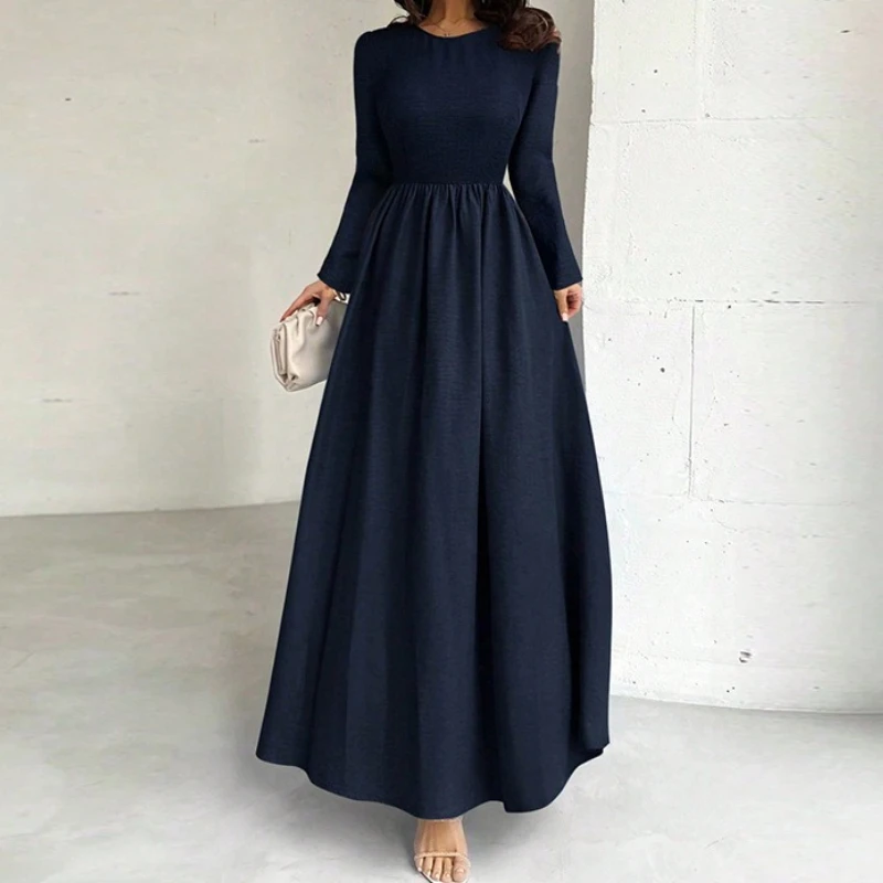

2025 Autumn New Temperament Long-sleeved Waist Dress A-word Long Dress