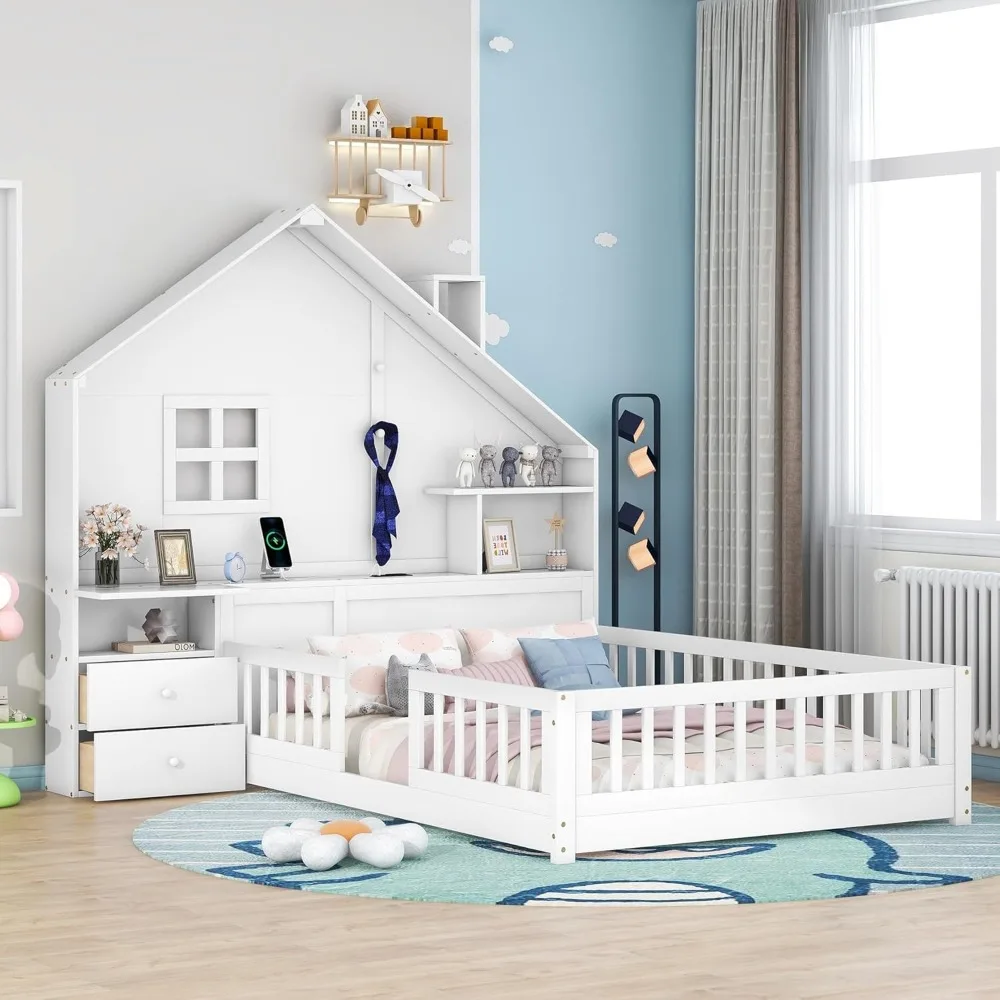 Child's Bed with Rails, Window and Bedside Drawers, Shelves and A Set of Sockets and USB Port, Easy To Assemble, Child's Cot