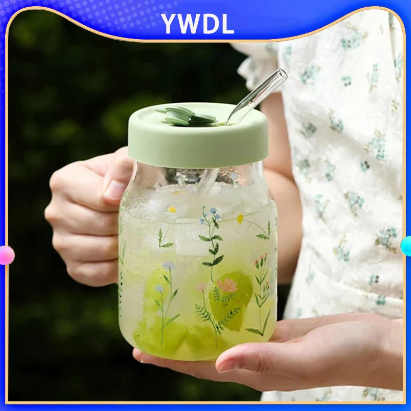 

YWDL 630/780ml Glass Cup With Straw Large Capacity Tea Milk Fruit Juice Mug Grass Pattern With Graduated Coffee Cup