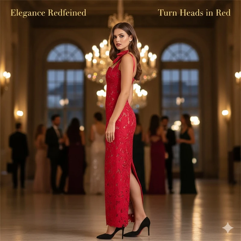 

Elegant Red Lace Bandage Dress – Sexy Halter Backless Gown for Evening Parties