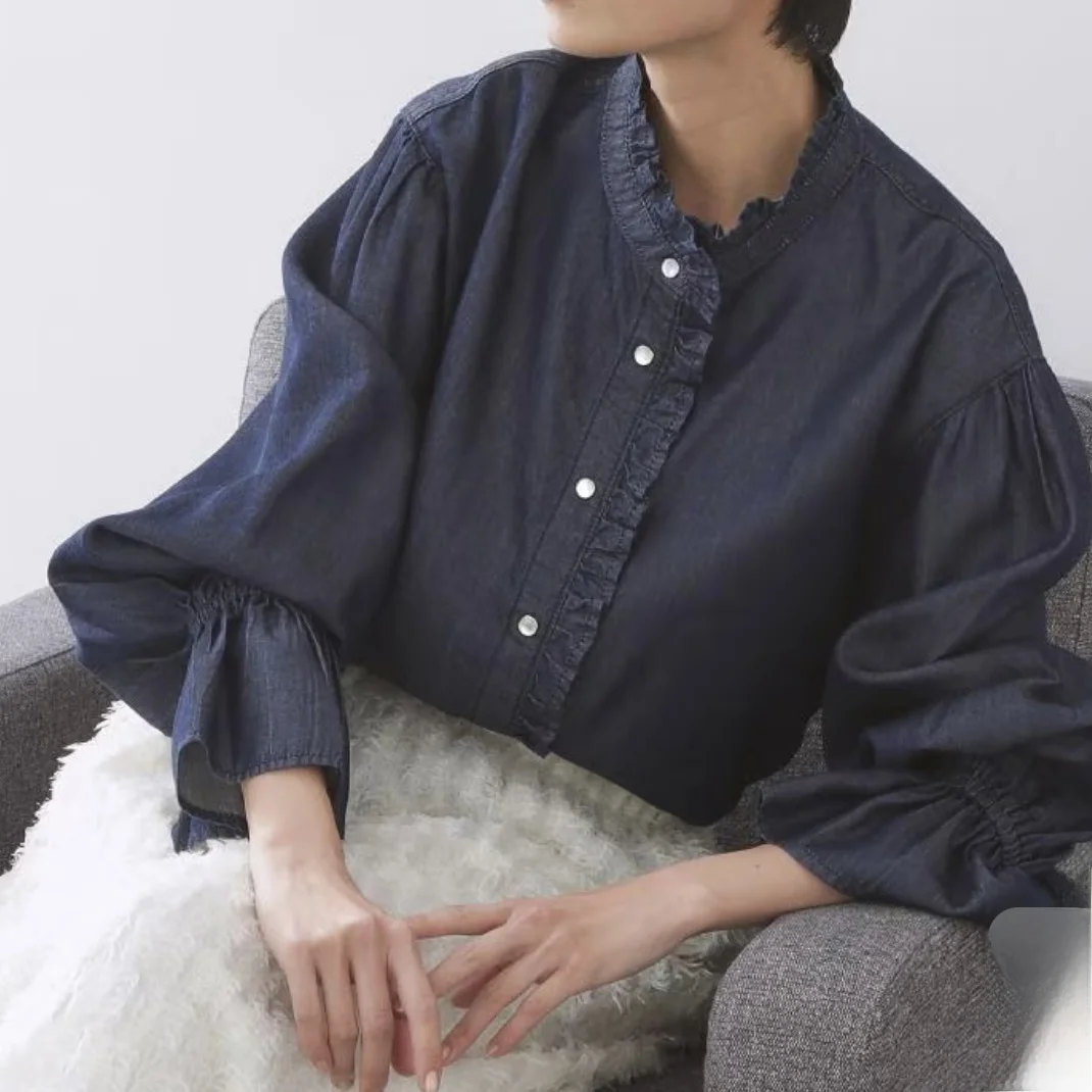 

Sanchu Premium Denim Shirt Wooden Collar Design Loose Fit Women's Casual Cotton Blend Long Sleeve round Neck Cool Sensation