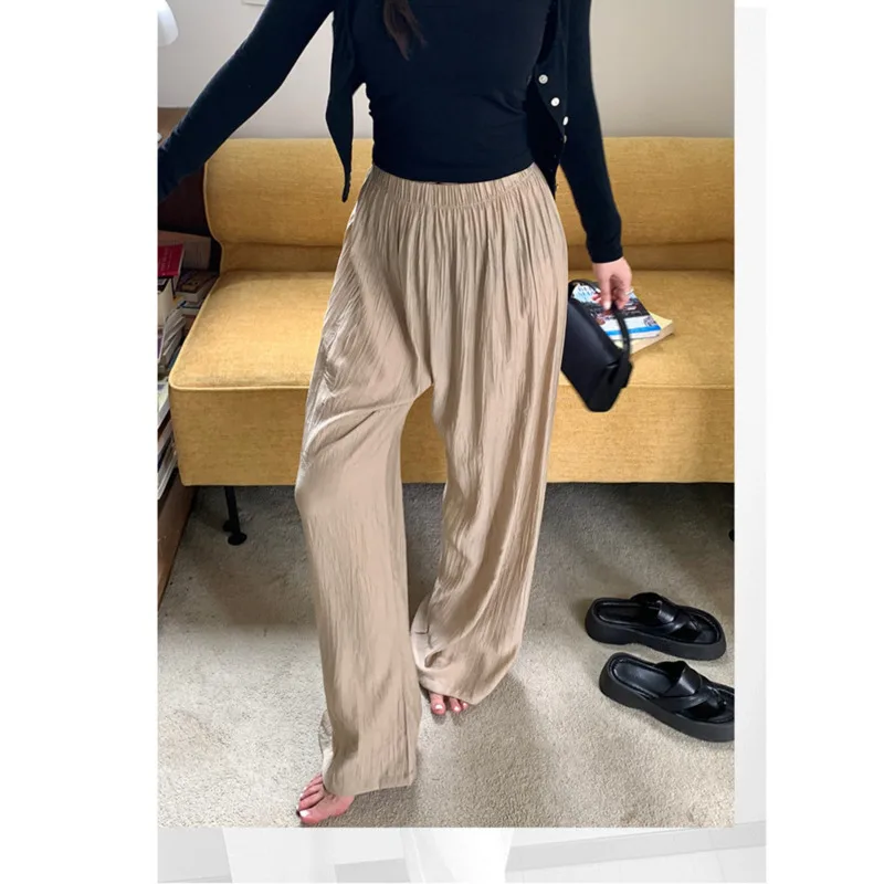 Summer Lightweight Loose Straight Pants Women Korean High Waist Breathable Slightly Wrinkled Casual Wide Leg Pants