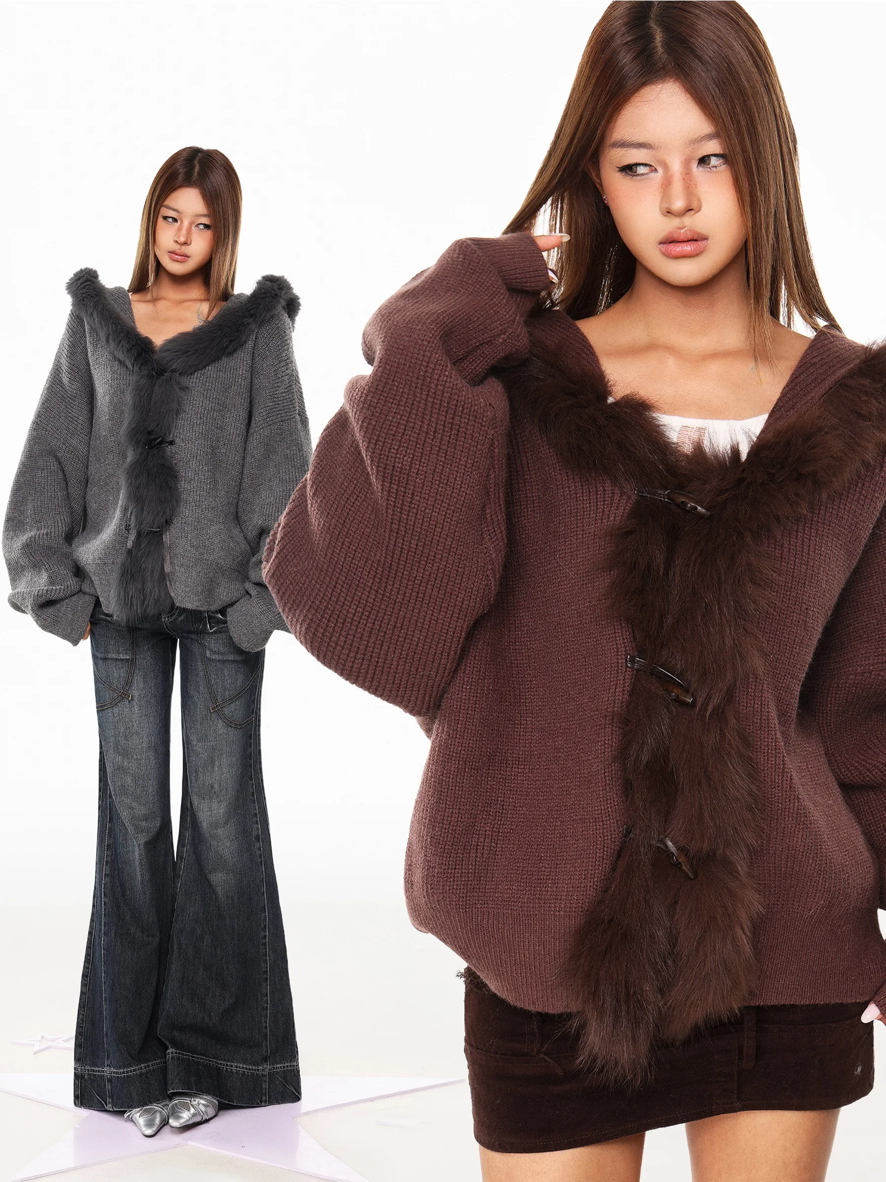 

Women's Loose Batwing Sve Knitted Sweater with Fur Collar Button up Casual Sle Winter Coat American Loose Knitwear