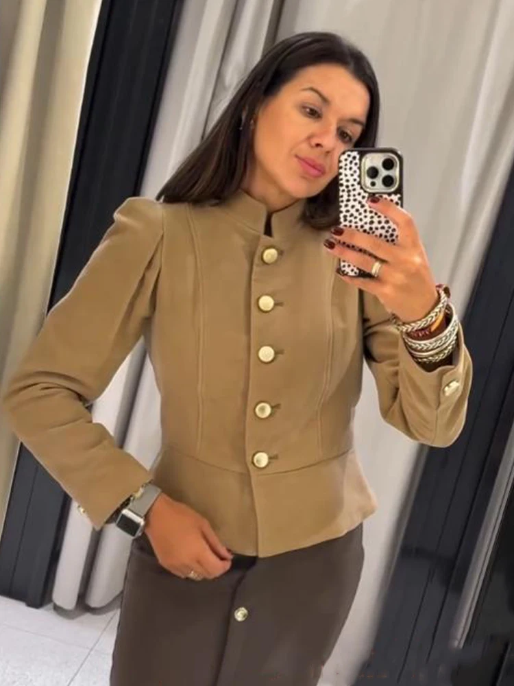 سترة نسائية شتوية عصرية كلاسيكية بتأثير من جلد الغزال بكتف منتفخ وياقة ثابتة وسترة نسائية بمزاجية متينة معطف Mujer