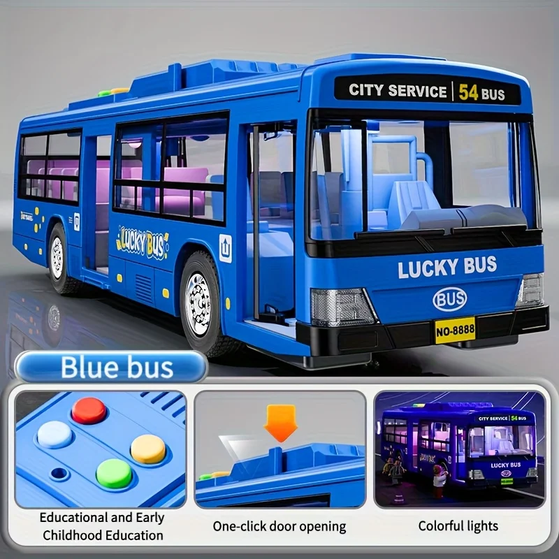 Brinquedo de ônibus de som e luz de liga, porta dupla, modelo de transporte da rota 54 |   Música + Luzes + Som Simulado do Motor |   Drop-resis