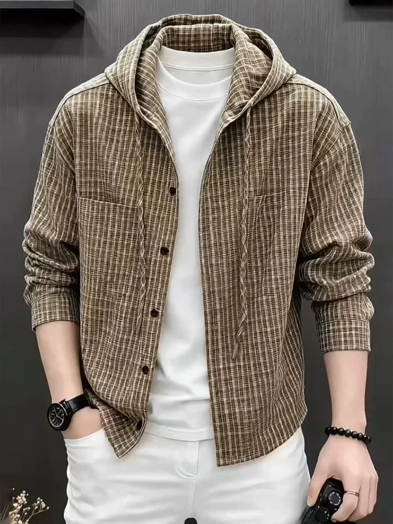 Retro Casual Men's Shirt Stylish Checkered Hooded Shirt Spring Autumn New Style Versatile Slim Fit Long Sleeve Polyester Fiber