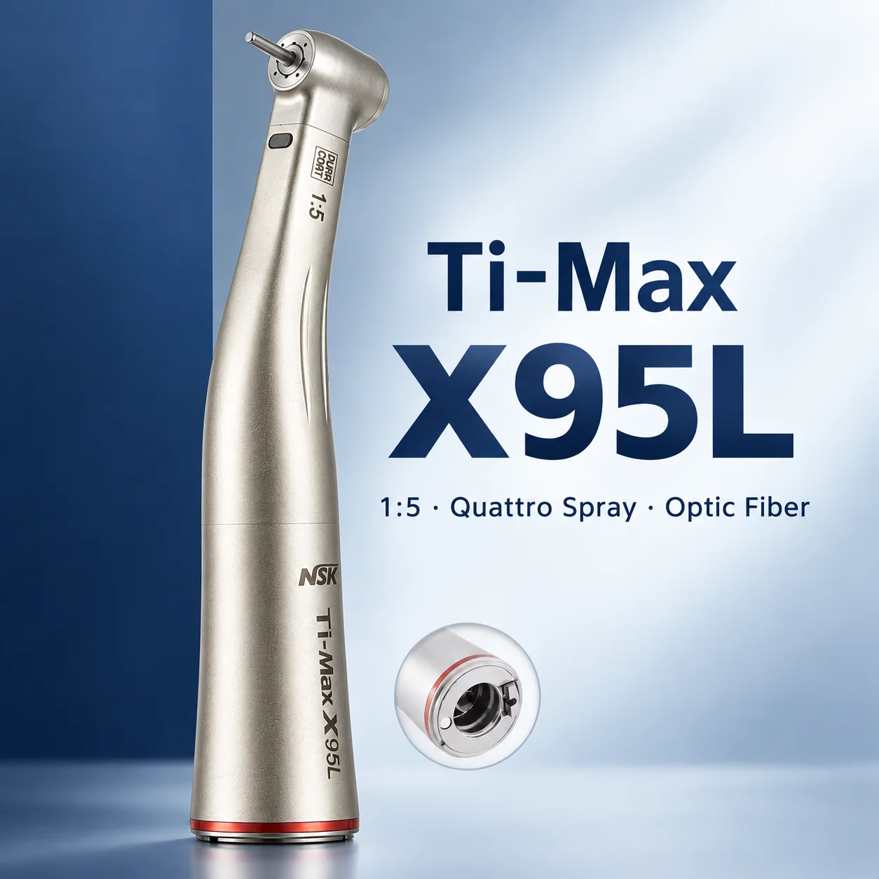NSK Ti-Max X95L 1:5 Vergrößerndes Dental-Winkelstück mit rotem Ring, Optik, Druckknopf, internem Wasser- und Quattro-Spray-System